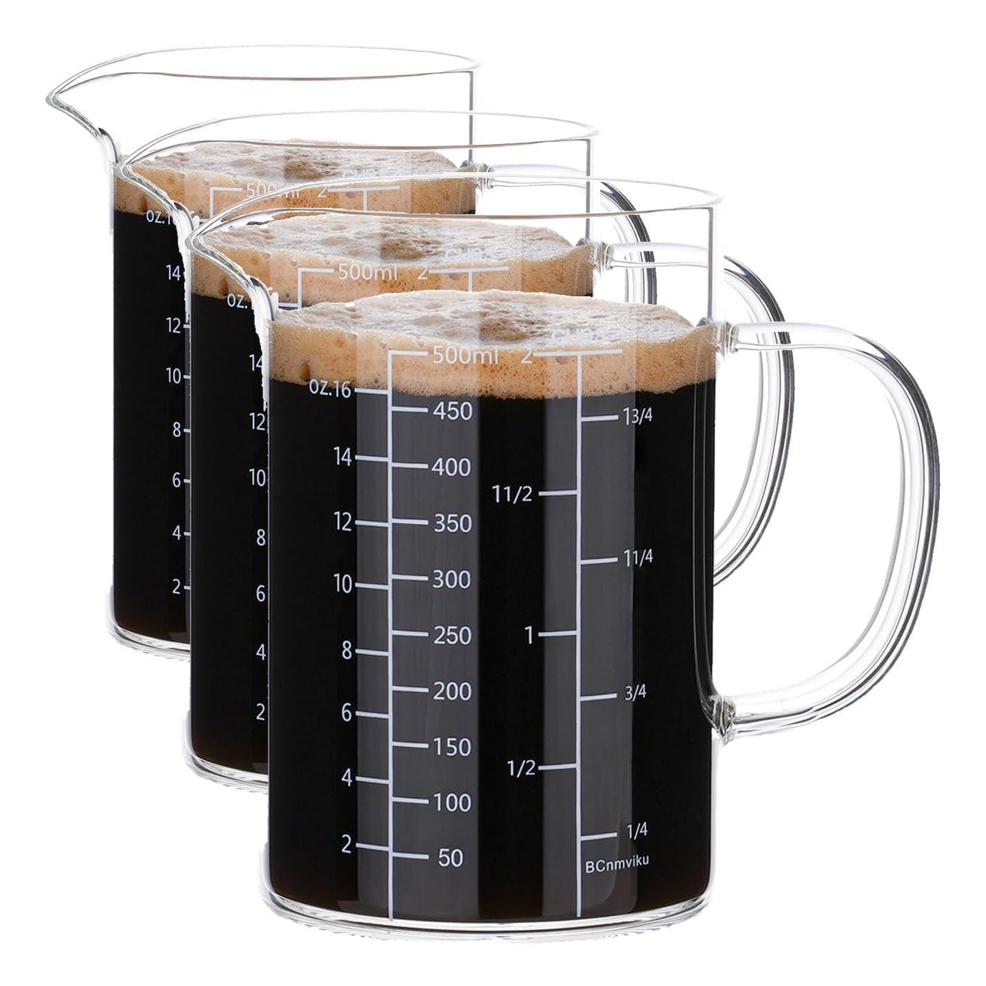 BCnmviku 500ML 2 CUP Glass Measuring Cup With Handle, High Borosilicate Glass Three Scales (OZ, Cup, ML/CC for Kitchen or Restaurant Easy To Read (Pack of 3)