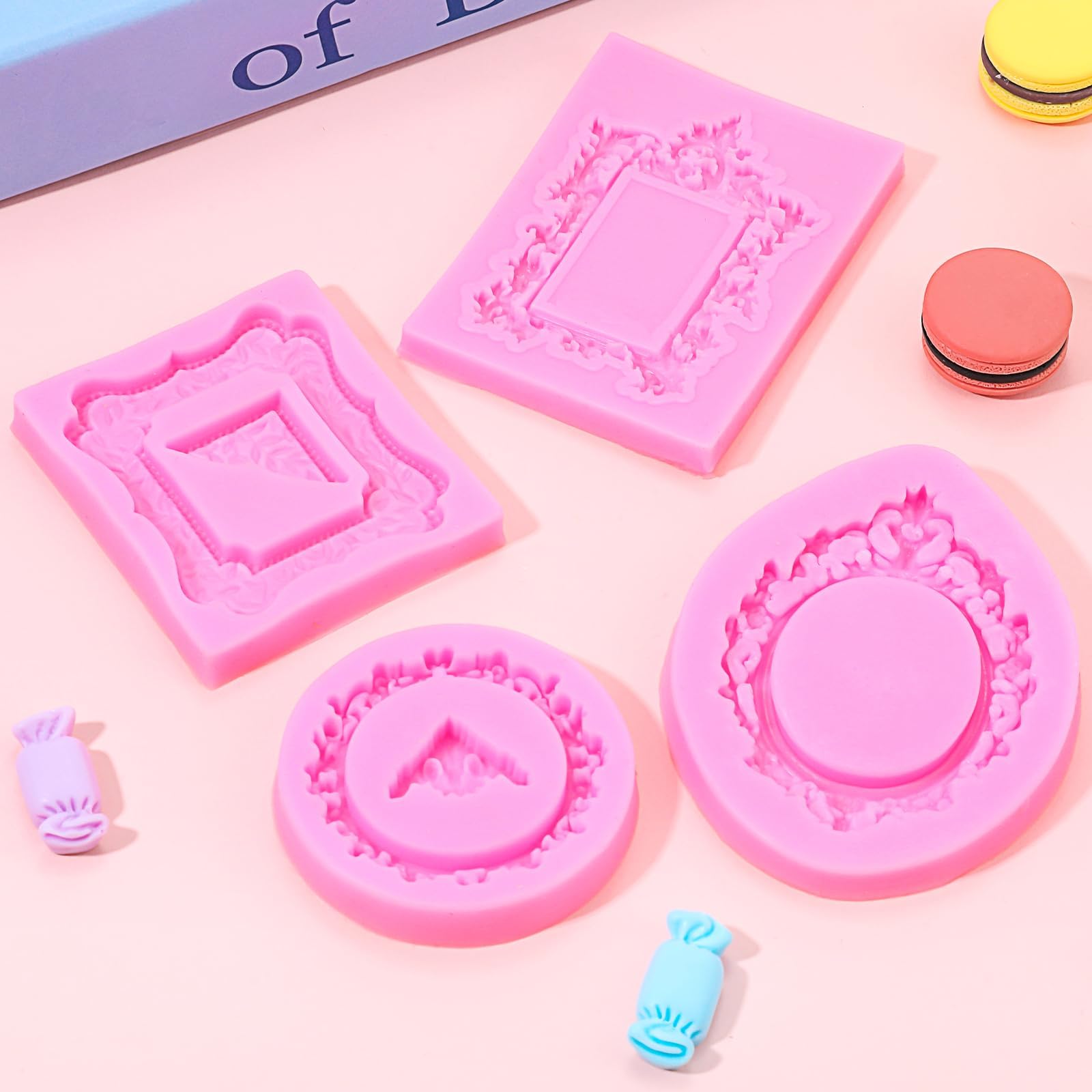 4-Piece Clay Moulds for Art and Craft, Silicone Mould for Clay Art, DIY Sugar Cake Baking Mold, Retro Relief Pattern Photo Frame Round Square Frame Shaped Silicone Mold 3