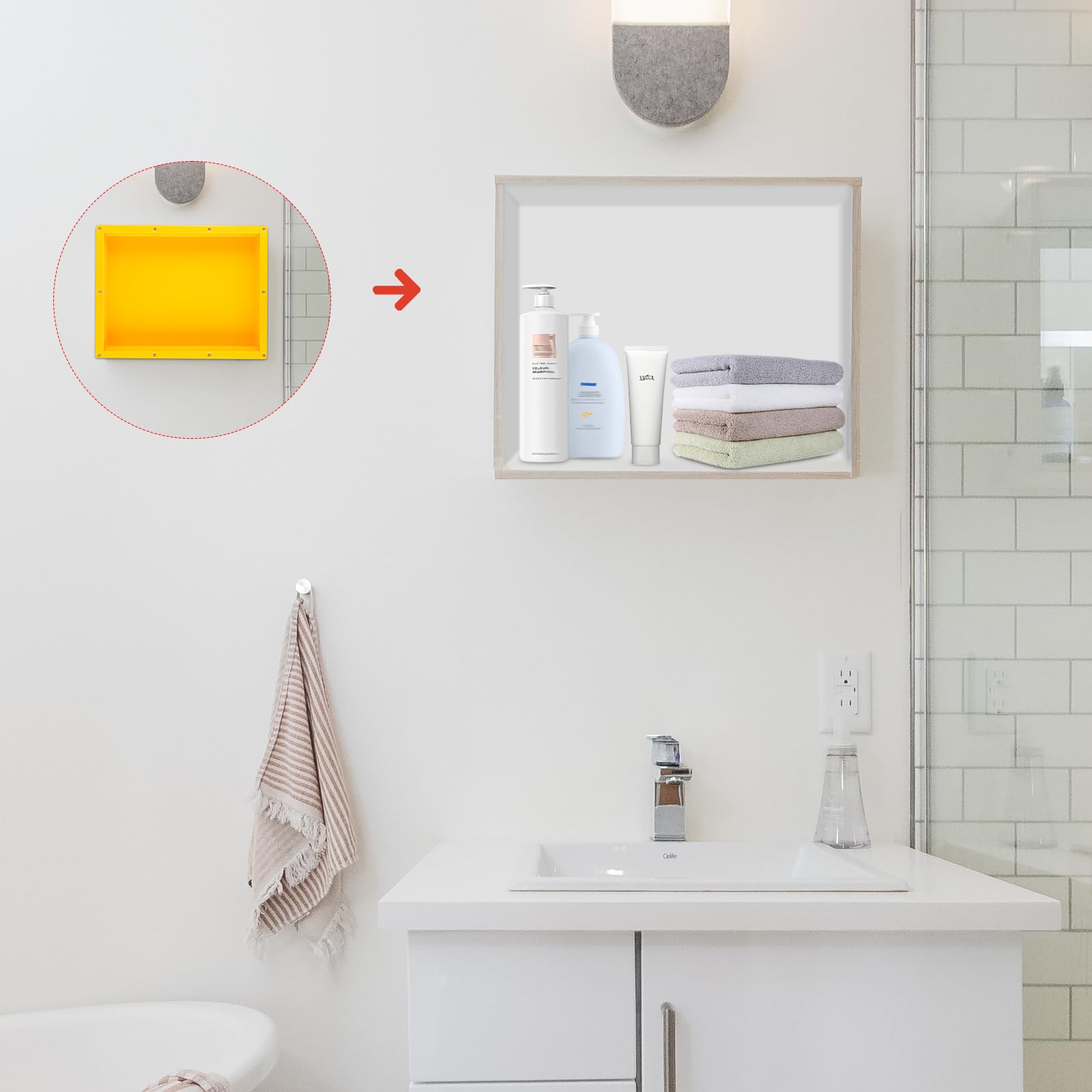 2pcs Bathroom Recessed Shower Niche, 16" x 20" ?ù 4" Shower Caddy Shelves Ready for Tile Shower Shelf Shampoo Bracket Insert Bathroom Storage Holder Toiletry Support Rack, Easy to Install (Yellow)