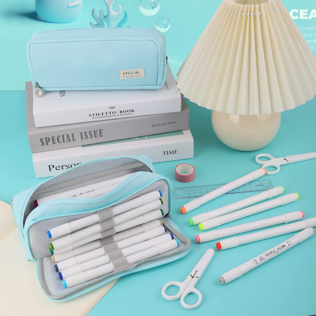 iSuperb Large 3-Compartment Pencil Case Pouch Big Capacity Pencil Bag Oxford Stationery Storage Pen Bag Cosmetic Makeup Pouch for Women Girls (Blue) - Image 2
