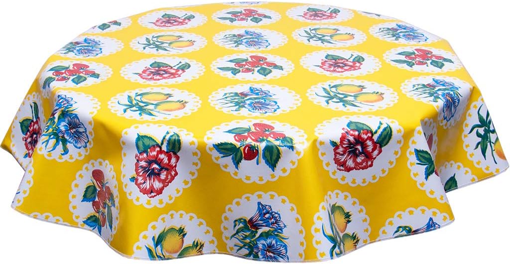 Round Oilcloth Tablecloth in Doily 2 Yellow - You Pick The Size!