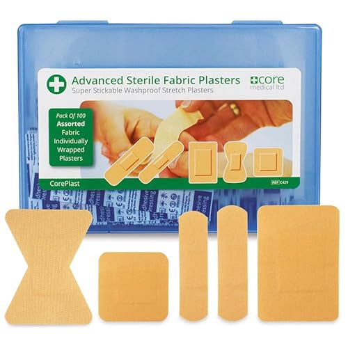 CorePlast Sterile Fabric Plasters Hard Box Assorted Washproof Plaster Pack 100, Tough, Sticky, Finger Stretchable Medical Plasters, Home, Work, First Aid Kits. Easy-Open, Cushioned Wound Support
