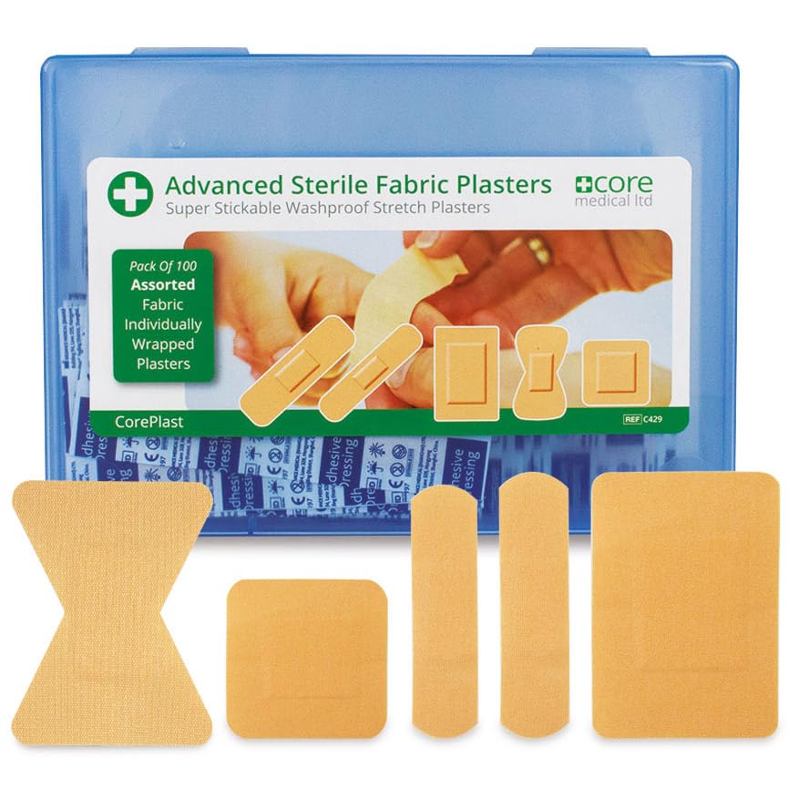 CorePlast Sterile Fabric Plasters Hard Box Assorted Washproof Plaster Pack 100 Tough Sticky Finger Stretchable Medical Plasters Home Work First Aid Kits. Easy-Open Cushioned Wound Support