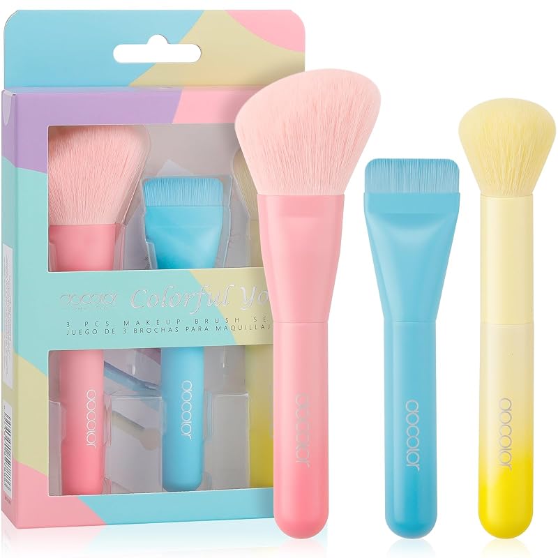 docolor Kit com 3 Pincéis de Maquiagem para Base, Pó e Blush, Fibras Sintéticas, Cabo Colorido