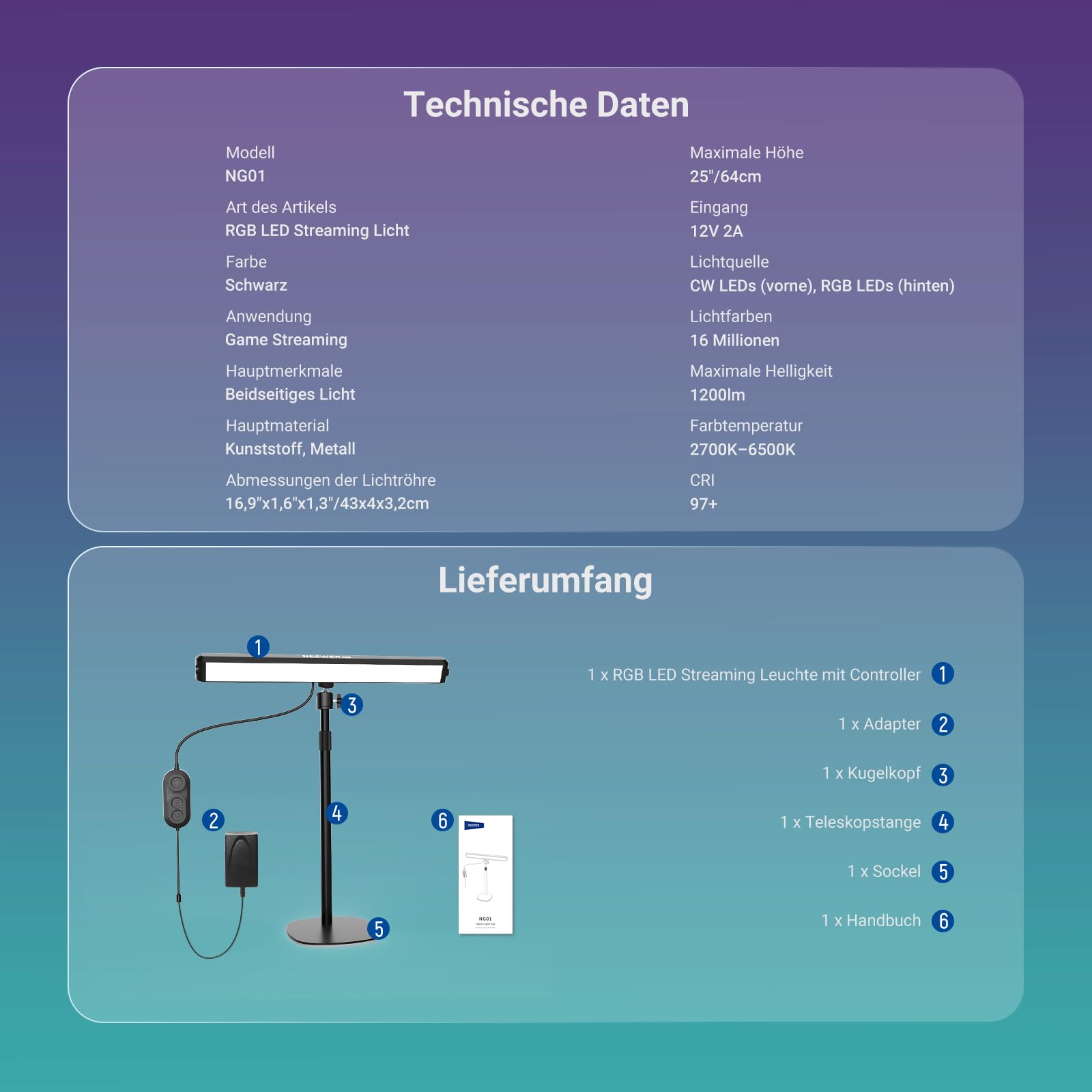 NEEWER NG01 RGB LED Streaming Key Light, Doppelseitige Tischlampe