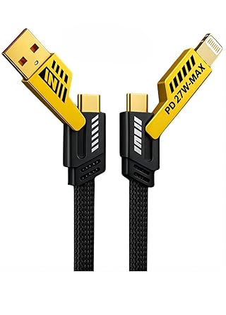 4-in-1 Braided Fast Charging Cable | 65W Power | 1M Rugged Multiport | Type-C to 8-Pin, Type-C to USB-A | High-Speed Data | Compatible with 8-Pin & Android | Black
