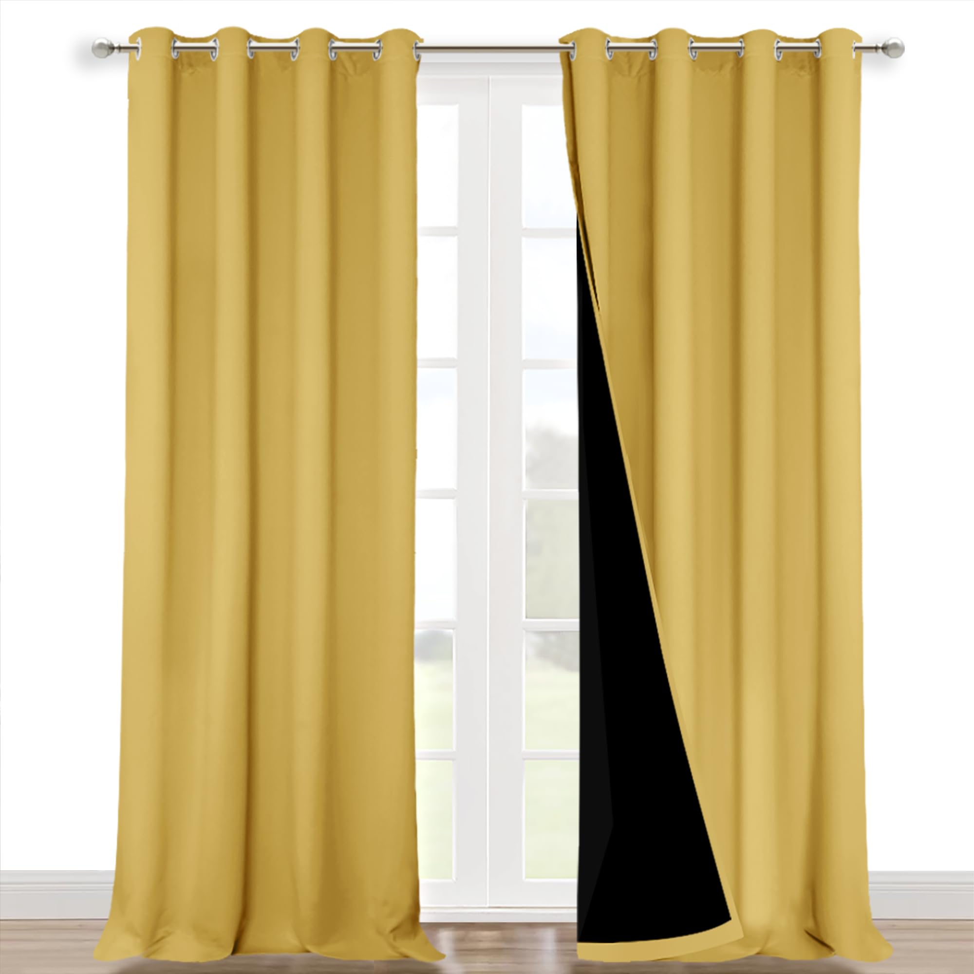 NICETOWN 100% Blackout Blinds, Laundry Room Decor Window Treatment Curtains for Large Patio Sliding Door, Thermal Insulated Bright Yellow Curtains for Bedroom, Set of 2, 52 inches x 108 inches