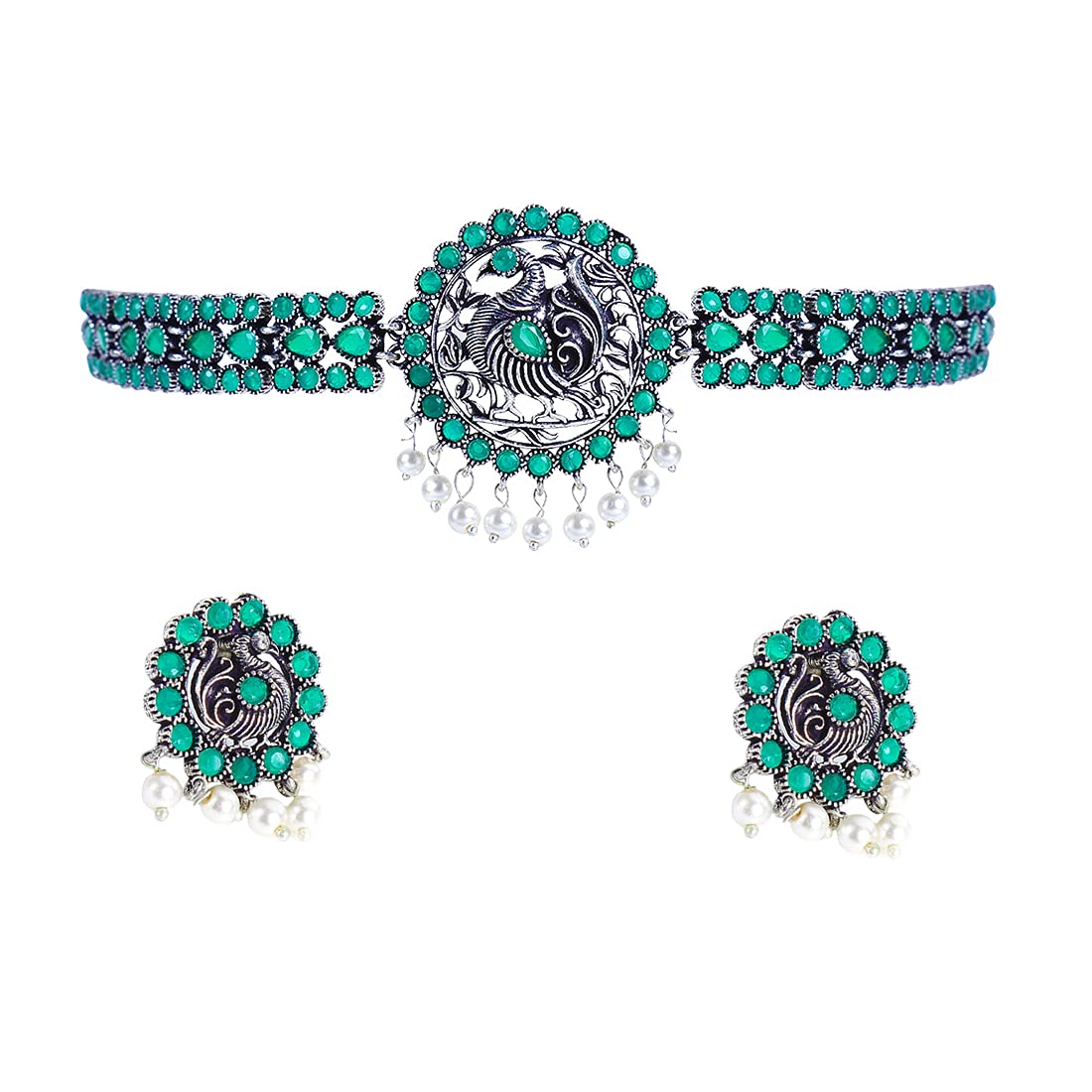 Yellow Chimes Ethnic German Silver Oxidised Green studded stones Peacock Design Choker Necklace Set with Earrings Traditional Jewellery Set for Women and Girls, Medium (YCTJNS-55PCKSTN-GR) (B0947267JN) Amazon Price History, Amazon Price Tracker