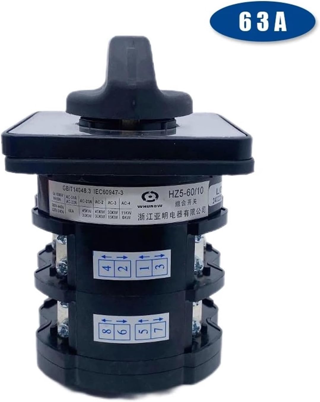 2 Positions Off-ON Power Cut Rotary Cam Switch 60A Silver Contact Two Poles Control Circuit HZ5-63 HZ5-60/10 L02