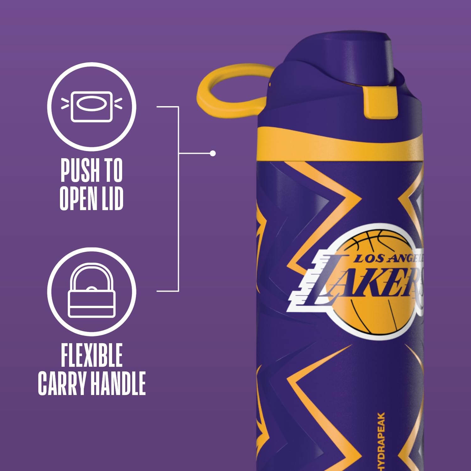 Hydrapeak x NBA Officially Licensed Los Angeles Lakers Oasis 20 oz Insulated Kids Water Bottle, Stainless Steel Water Bottle Kids with Chug Lid, Push Button - Image 4