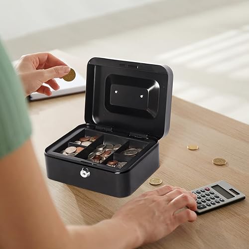 Miniatura 6 de Kasten Caja de efectivo con bandeja de dinero y cerradura de llave, organizador de dinero para efectivo, 7.87 x 6.30 x 3.54 pulgadas, pequeña, negra