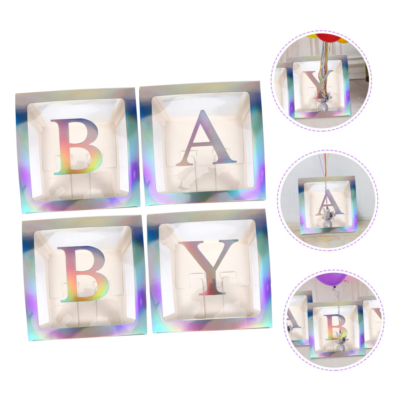 Babyparty Kasten aus Papier mit 4 Teilen und Silbernen Buchstaben | Transparentes Satz, für Kindergeburtstag und Shower, Quadratische Form, als Partydeko