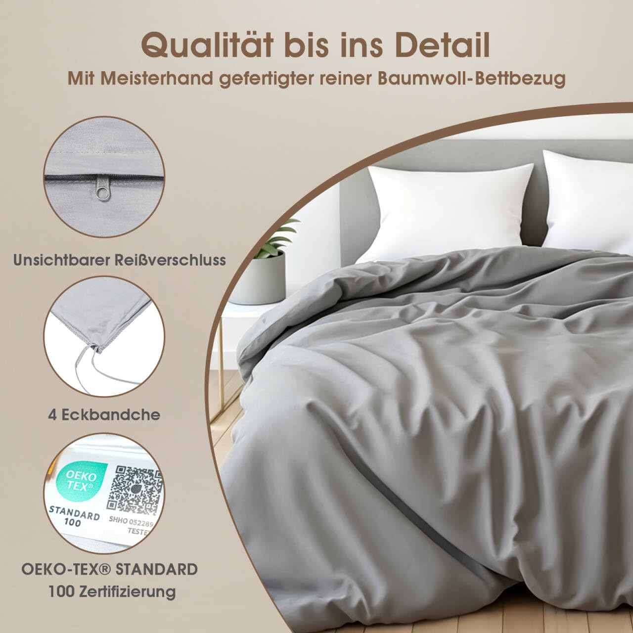 Bettbezug 200x200cm aus 100% Baumwolle (200 TC) – Grau, ohne Kissenbezug, mit Reißverschluss & Eckbändern, Oeko-Tex Zertifiziert, allergikerfreundlich, pflegeleicht