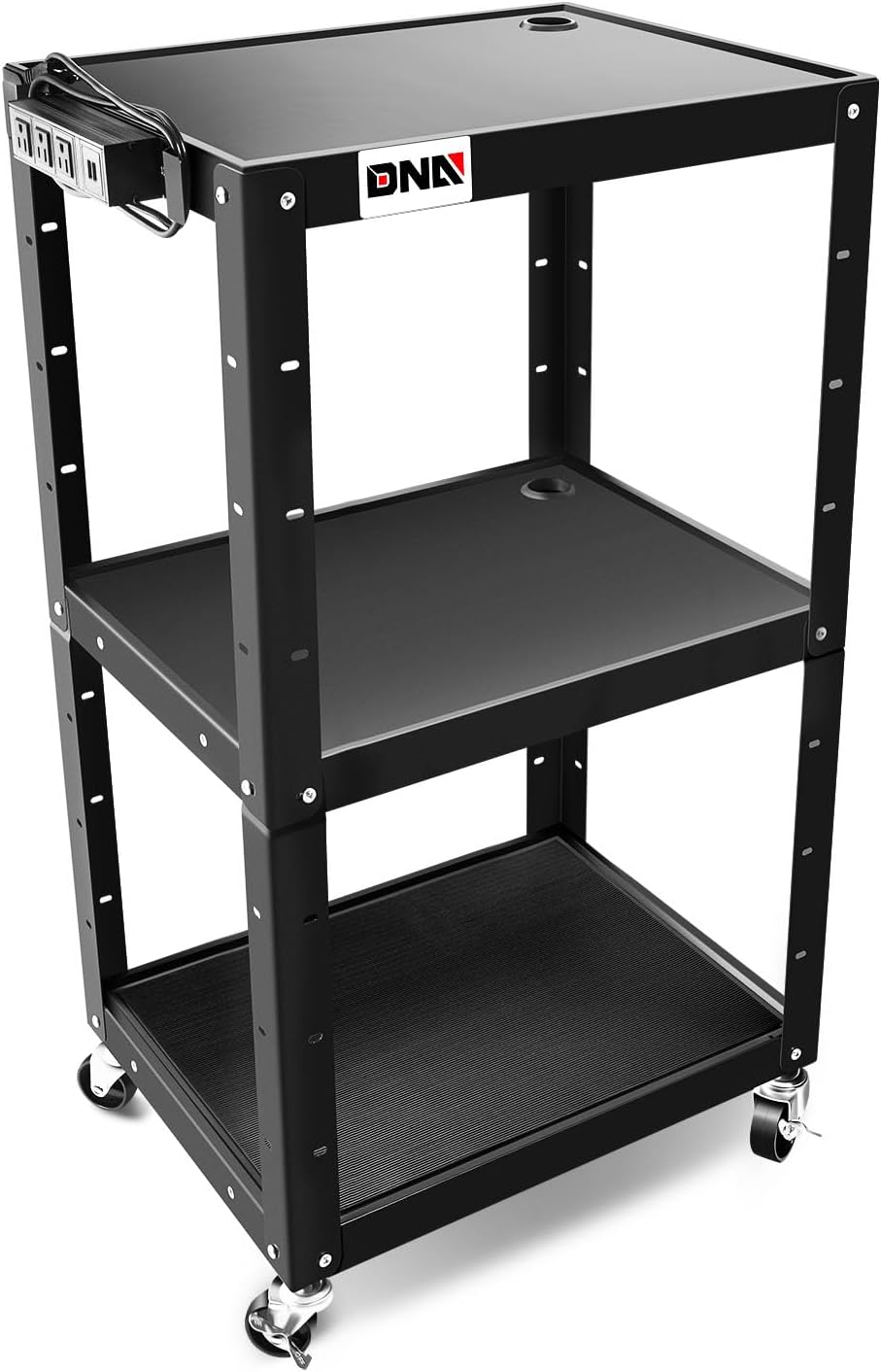 DNA MOTORING 3-Layer Utility Steel AV Cart with Wheels Power Strip, 25 x 18 x 24-42 Height Adjustable Rolling Projector Cart,TOOLS-00136