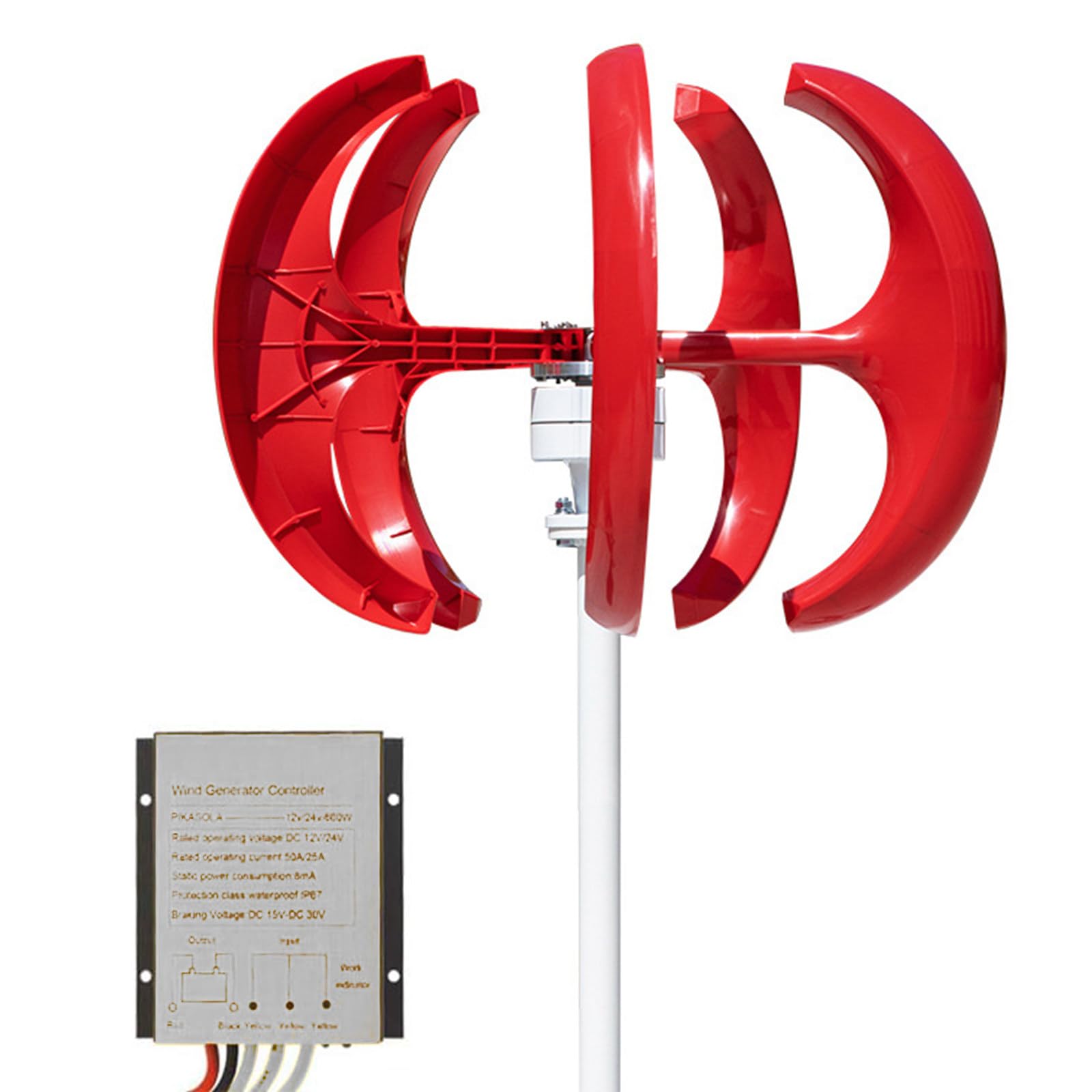 Kit generatore Eolico Verticale da 600 W, Sistema Eolico a 5 Pale da 12/24 V con Controller, Perfetto per terrazze, Chalet, Barche da Pesca e Camper.