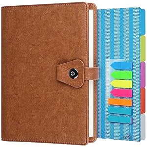 OMEYA A5 Binder Journal, Refillable 6 Ring Organizer Planner Leather Business Writing Notebook, Ruled Hardcover Diary Notebook with Divider page and Index stickers-Brown