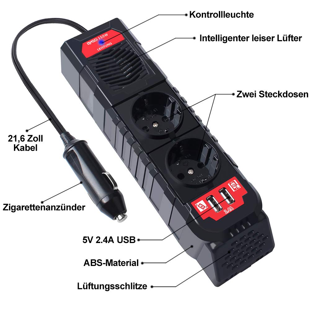 BYGD 150W Auto Spannungswandler Wechselrichter DC 12V auf 230V AC-Wandler mit 2 Ladesteckdosen und Zwei 2,4A USB-Anschlüssen Zigarettenanzünder-Steckdosenadapter für Geschaeftsfahrten und Urlaub