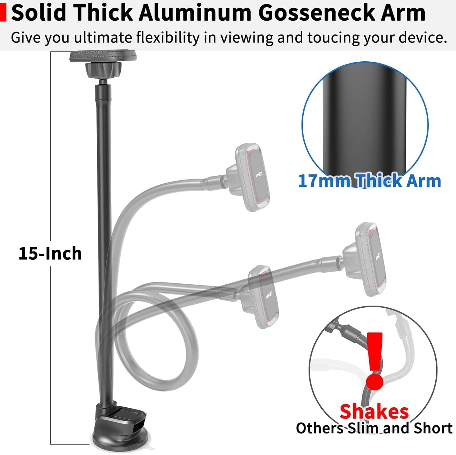 APPS2Car Magnetic Phone Holder for Car, 14-Inch Anti-Shake Windshield Phone Mount for Truck [Flexible Long Arm], Gooseneck Cell Phone Car Mount [6 Strong Magnets] Fit for iPhone & Android Smartphones