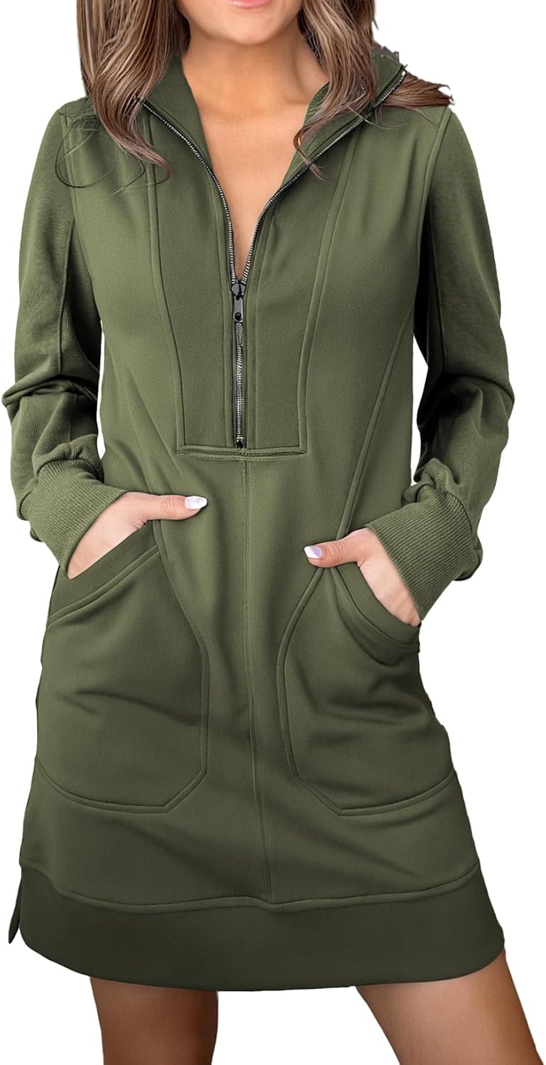 AlvaQ Sweatshirt Dress for Women Fall Winter Casual Long Sleeve Half Zip V Neck Pullover Tunic Tops Mini Dress with Pockets