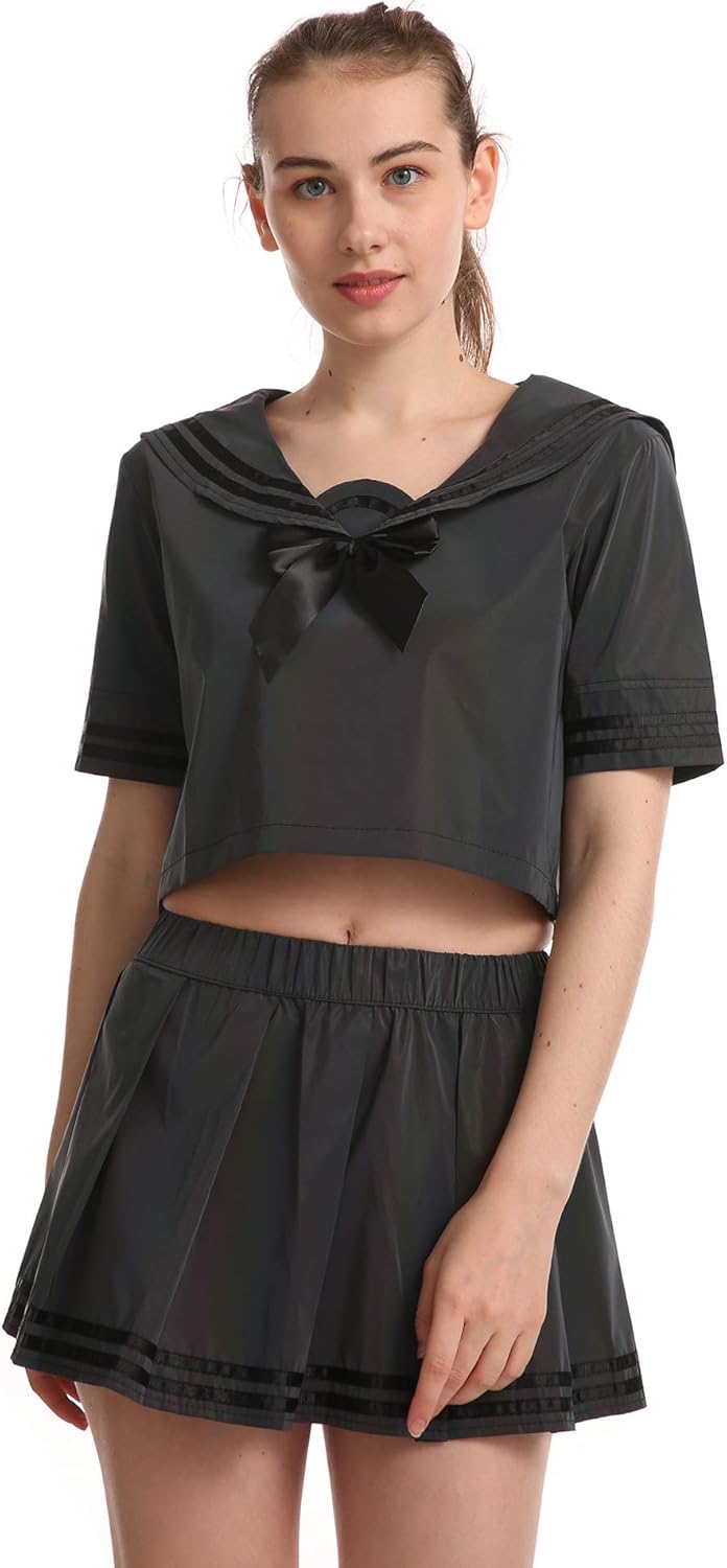 LZLRUN Rainbow Reflective Japanese School Uniforms Anime COS Sailor Suit Tops and Skirt JK Navy Style Students Clothes