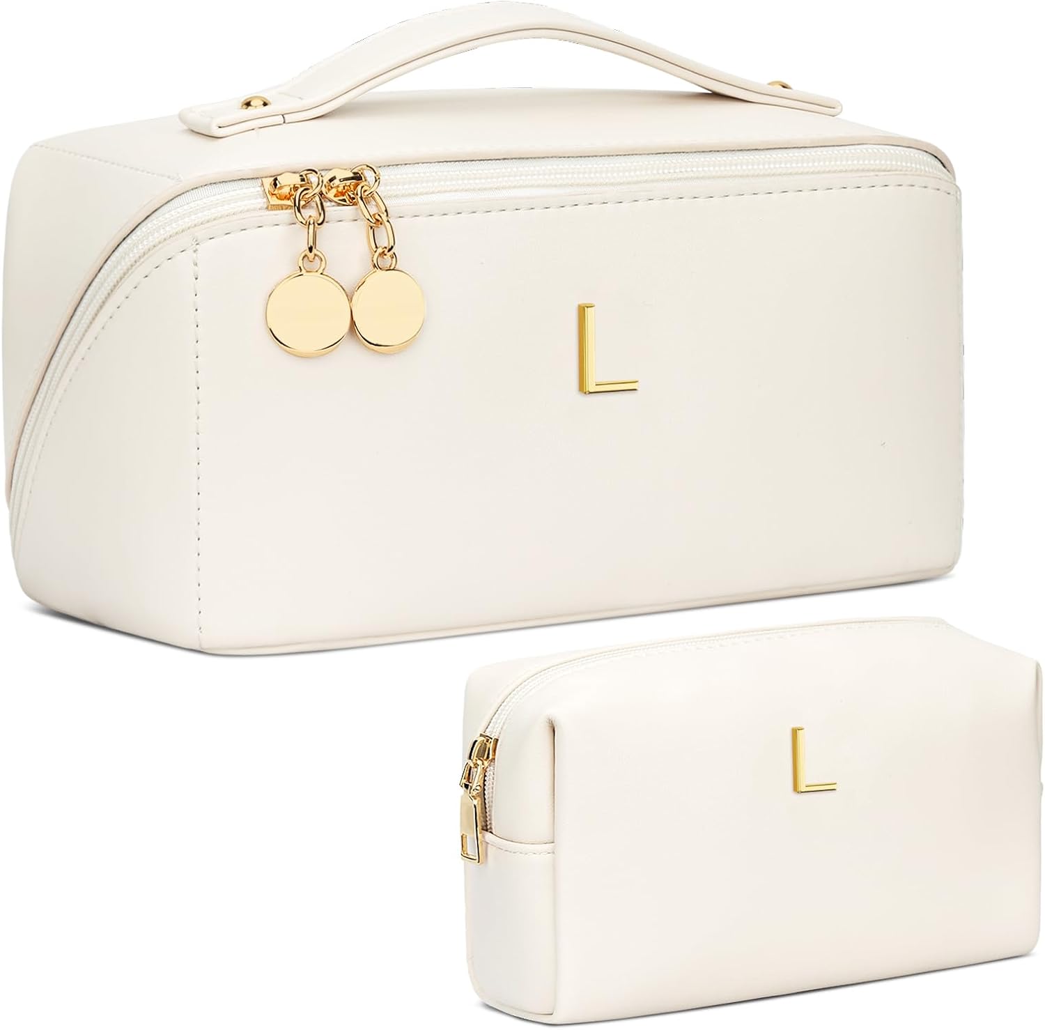 Birthday Gifts for Women Teen Girl, Personalized Initial Makeup Organizer Bag Set, Open Flat Travel Cosmetic Bag With Clear Divider and Handle(Beige,L)