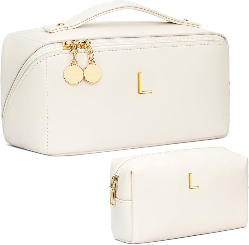 Necessaire de maquiagem CLOUDWINGS com inicial personalizada, bege, modelo L, com bolsinha adicional