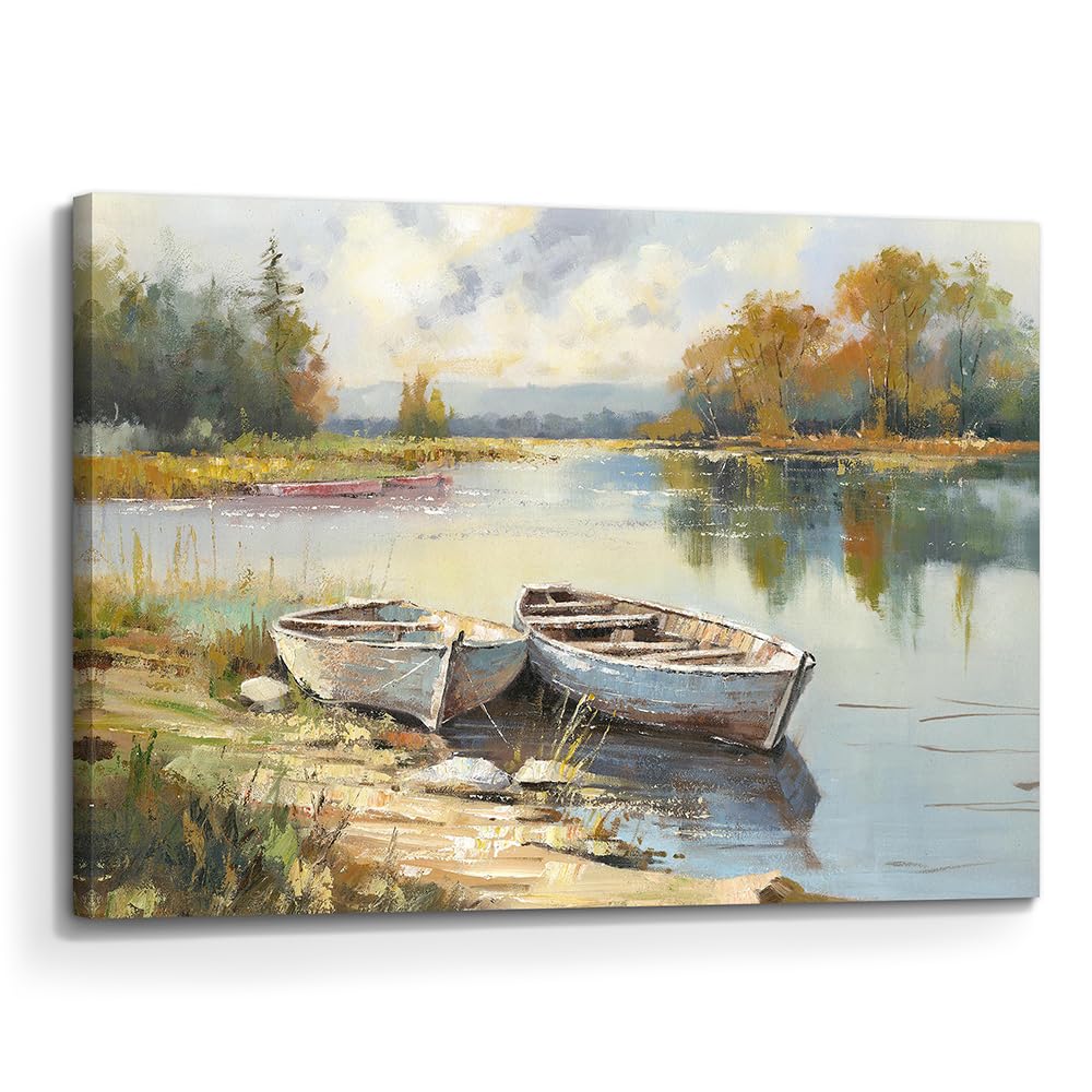 the stream design Lake Painting Canvas Wall Art: Nature Landscape Picture Textured Living Room Artwork Boat Scene Print Decor for Bedroom