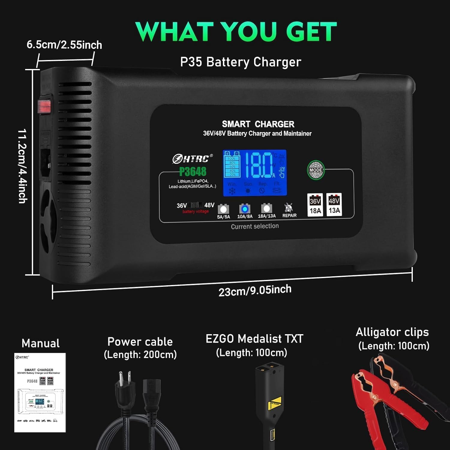 Battery Charger, Smart 0-18A 36V/48V Trickle Charger, Portable Car Battery Charger with 9 Stages of Charging for LiFePO4, Lead-Acid, and Lithium Batteries, with Battery Repair Function