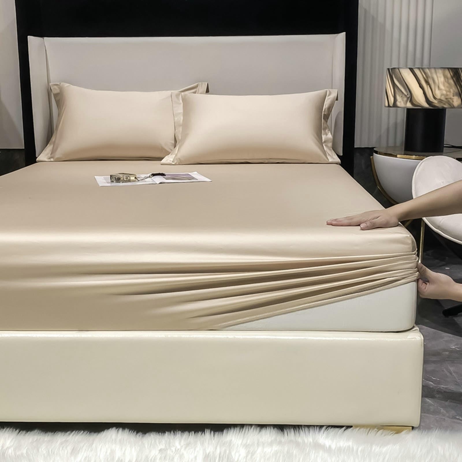 AMDXD Drap-housse 150 x 200 cm, lavable, pour lit à eau, couleur unie et kaki clair, confort de sommeil, en coton, pour lit à sommier tapissier et lit à eau
