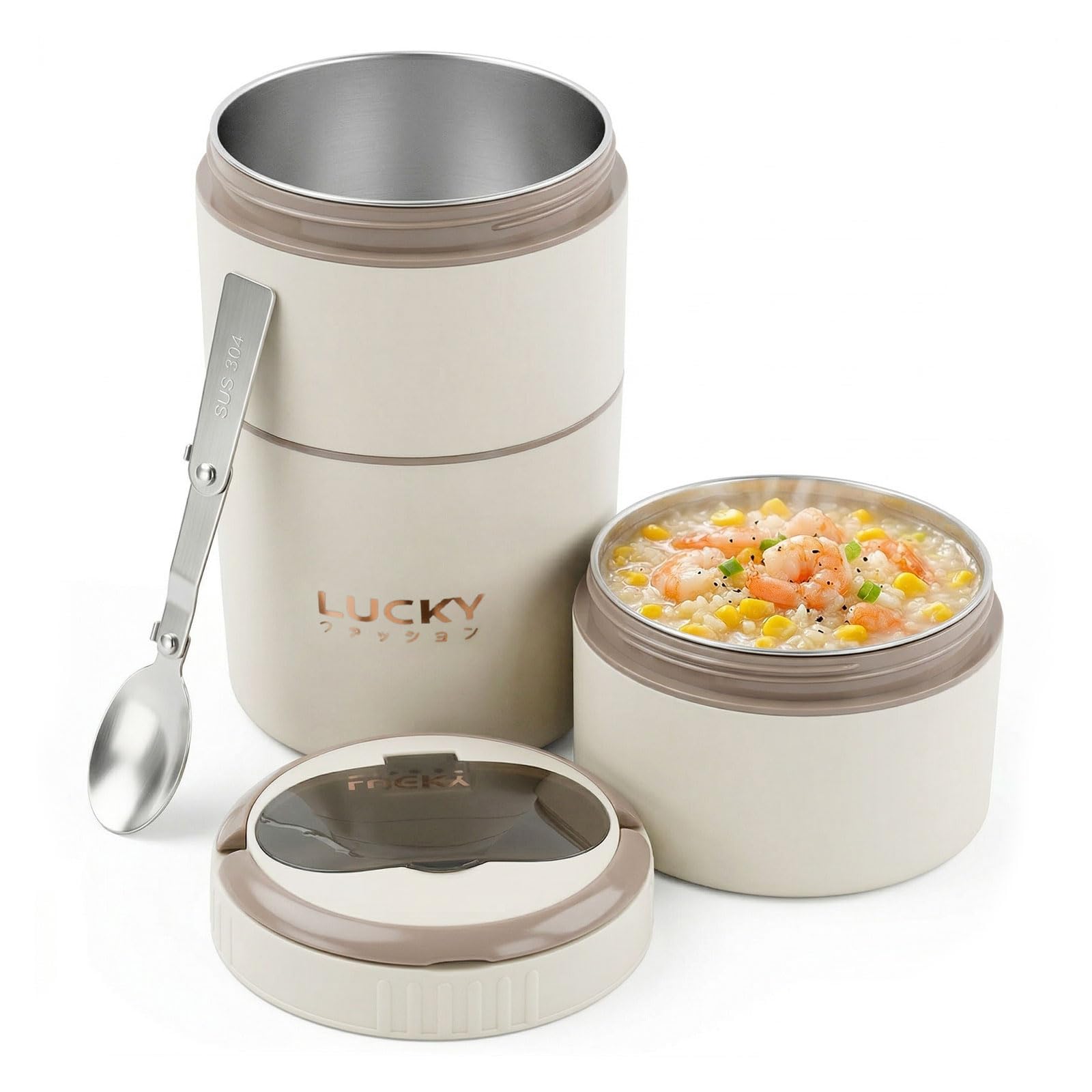 Contenitore Termico per Alimenti, 3 Strati, Lunch Box Termico Portatile con Cucchiaio Pieghevole, Grande Capacità Beige, Ideale per Ufficio, Scuola e Picnic