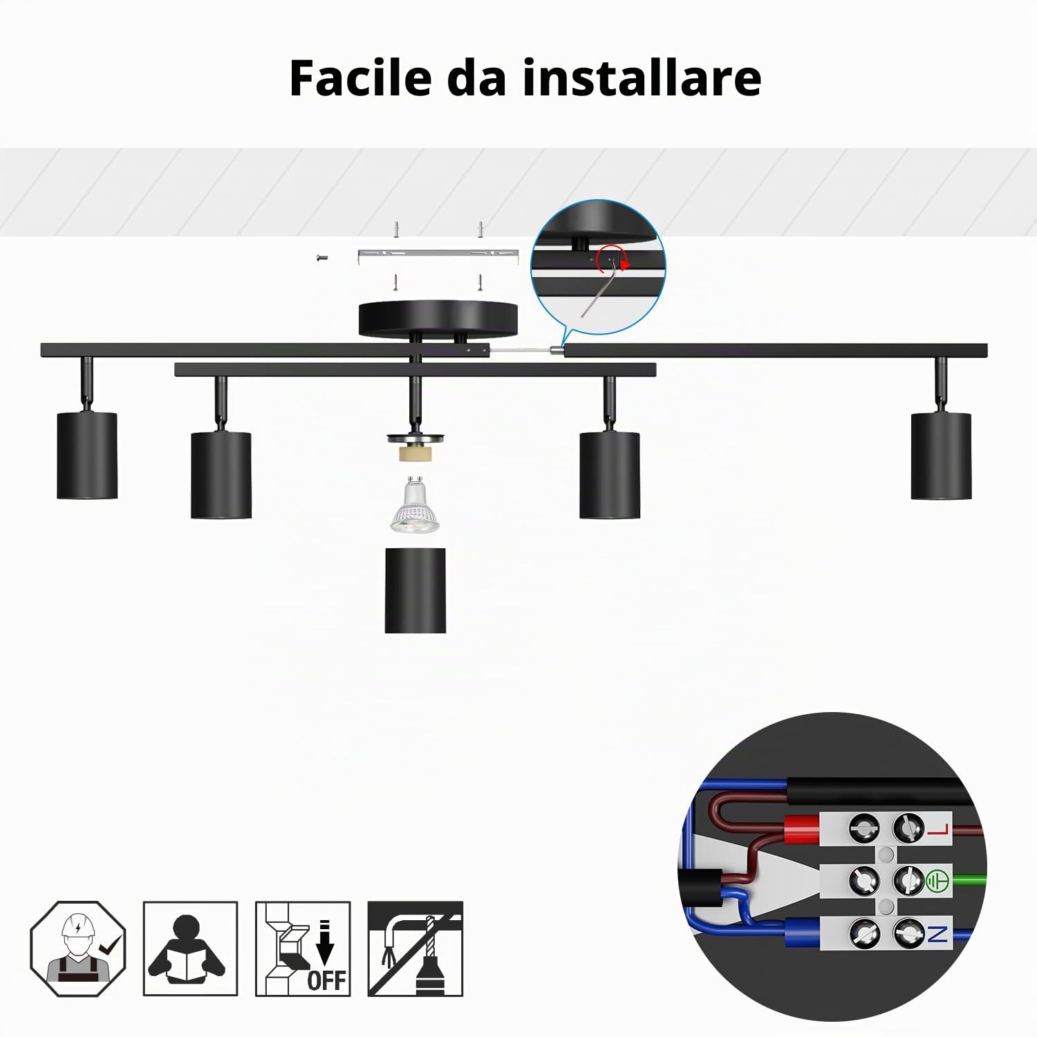 LVWIT Faretti Orientabili Nero, Faretti Soffitto con 5 Attacco GU10, Faretto da Interno Moderna, Lampadario Faretti per Barra, Salotto, Cameretta, Cucina,Corridoio Illuminazione (Senza Lampadina)