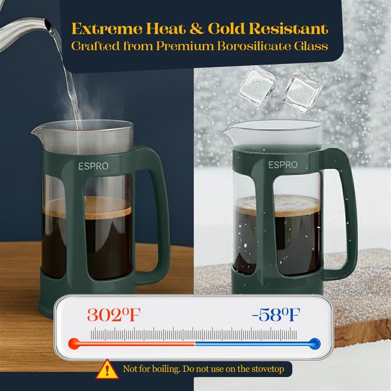 Image of ESPRO Light P3 French Press Coffee Maker - Patented Double Micro-Filter for Grit-Free Brew, Heat Resistant thicker Borosilicate Glass Coffee press - (Green - 32 oz)