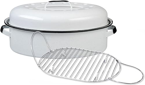 Miniatura 25 de Granite Ware Tostador ovalado de 13 pulgadas con tapa. Diseño de acero esmaltado para acomodar hasta 7 libras de aves de corral/asado. Resiste hasta
