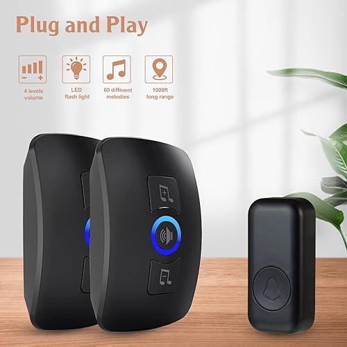 Miniatura 2 de KERUI - Timbre inalámbrico, kit de timbre de puerta impermeable que transmite a 1000 pies con 2 botones, 60 melodías, 5 niveles de volumen de sonido