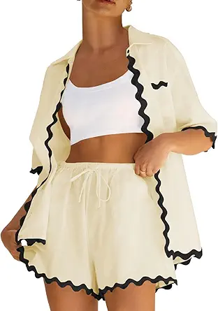 ARTFREE Women's 2 Piece Outfit Sets Beach Short Sleeve Button Down Shirts and Shorts Pajama Sets Summer Loungewear