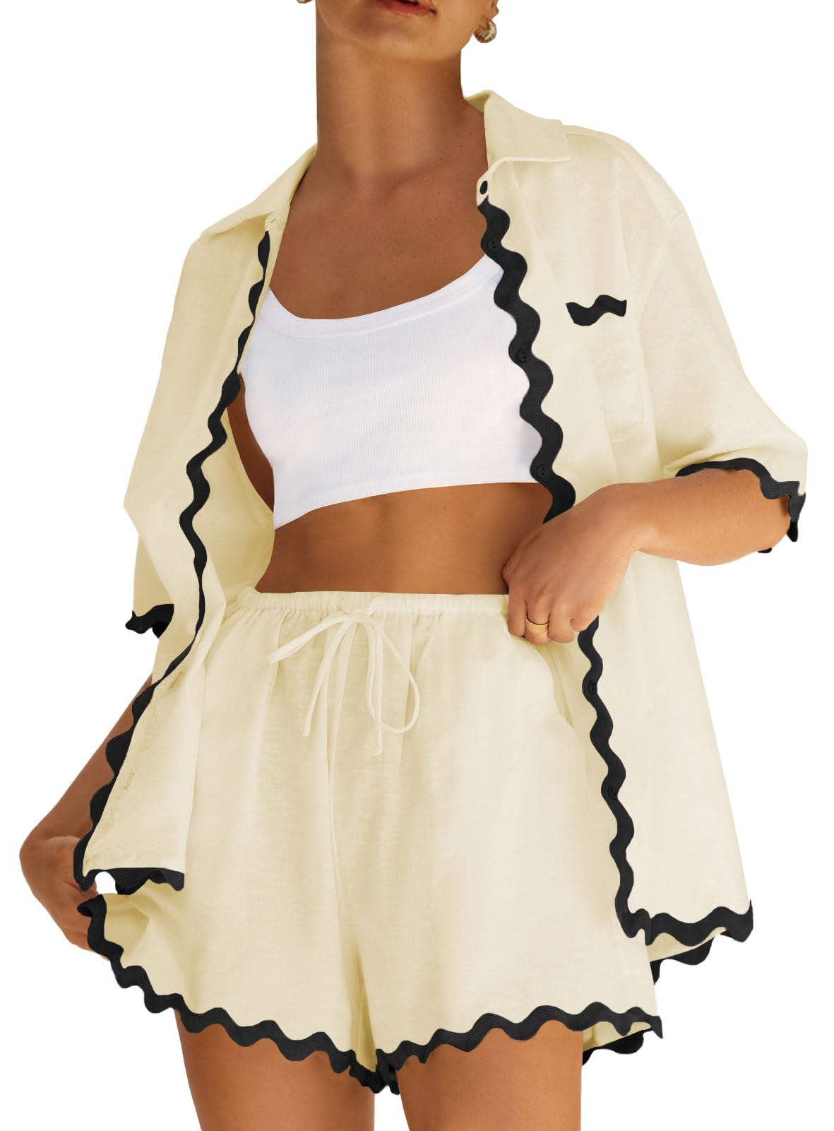 ARTFREEWomen's 2 Piece Outfit Sets Beach Short Sleeve Button Down Shirts and Shorts Pajama Sets Summer Loungewear