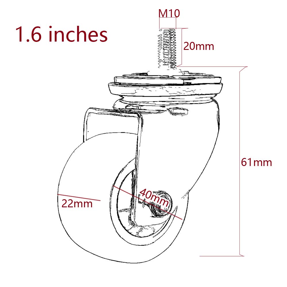 Koła talerzowe z gwintem M10 Koła meblowe z hamulcem Obrotowe Ciche Pyłoszczelne PU 160 kg Do krzesła biurowego Wózek stołowy Łóżeczko dziecięce 4 szt. (Czarny-1,6 cala M10)