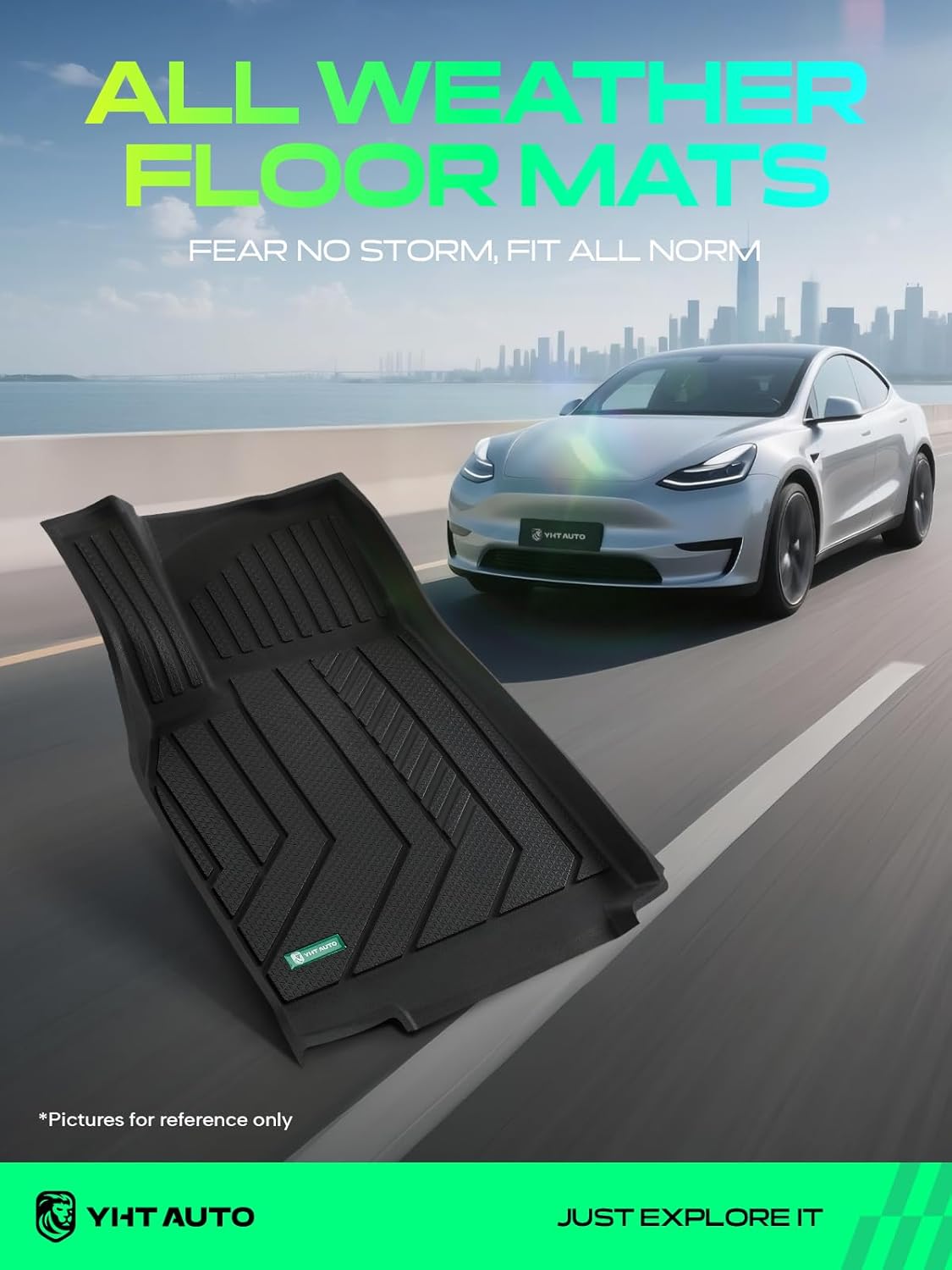 YHTAUTO Floor Mats Compatible with Tesla Model Y Juniper 2025 2026 5-Seat, TPE Floor Liners All Weather Custom Fit, 1st & 2nd Row, Set of 3, Black
