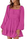 Womens Dress Long Lantern Sleeve Square Neck Tie Backless Sexy Dress Ruffle Elastic Waist A-Line Mini Dress