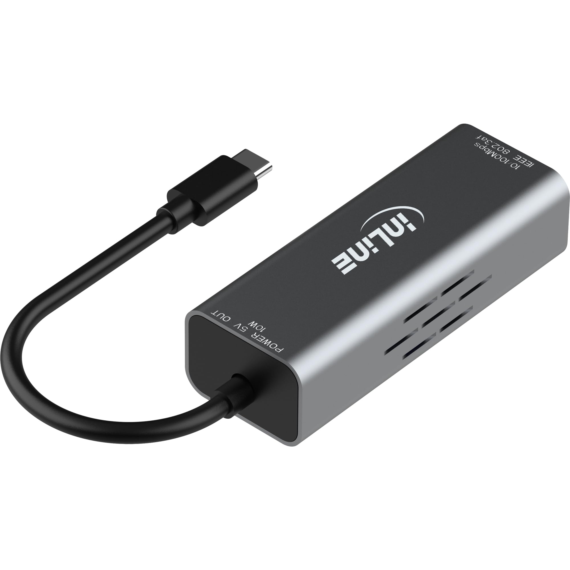Inline Adattatore USB-C a RJ45 con supporto PoE, 100 Mb/s, protezione da sovratensione, alloggiamento in alluminio, Plug & Play, Power Delivery fino a 10 W, 33380J