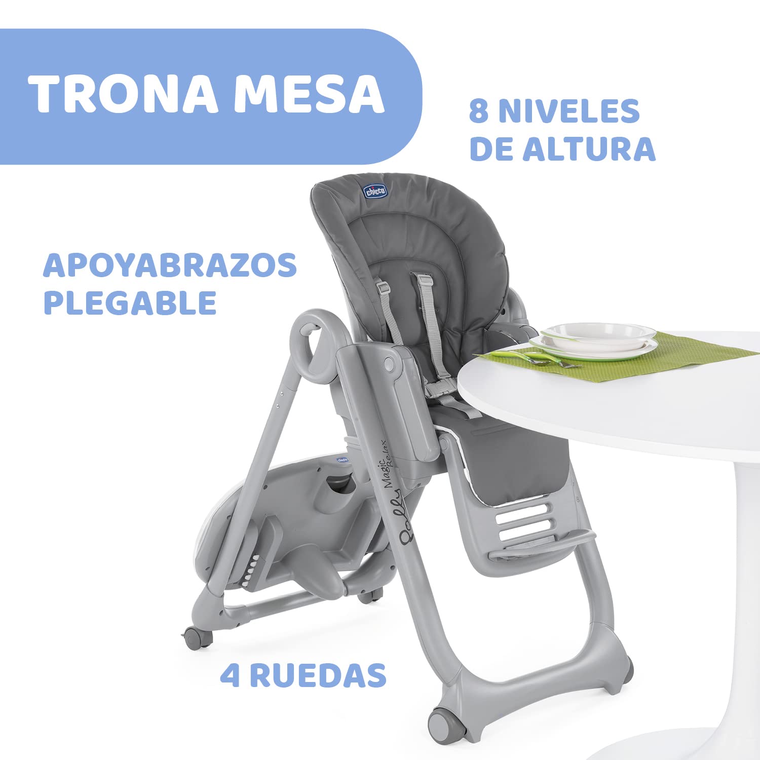 Chicco Polly Magic Relax Trona Evolutiva para Bebés y Hamaca Apta de 0 Meses a 3 Años (15 kg), Trona Compacta Totalmente Reclinable y Ajustable con 4 Ruedas, Barra de Juegos y Cojín Reductor - Gris