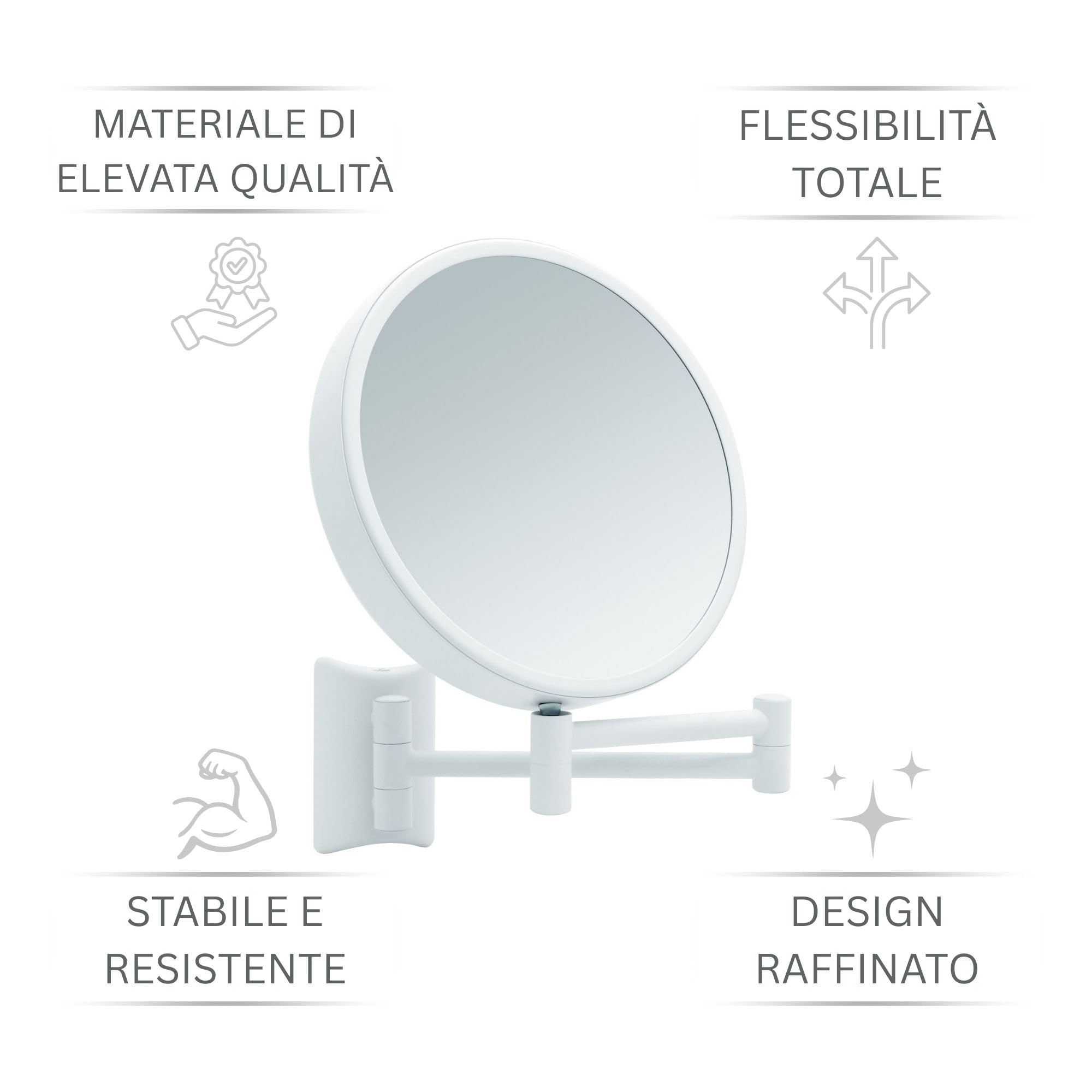 Imola Specchio Ingranditore da Parete – Specchio Trucco Girevole a 360° – Specchietto Bifacciale per Rasatura con Ingrandimento – Braccio Estensibile in Metallo, Ø 19 cm (Bianco 3x / 7x)
