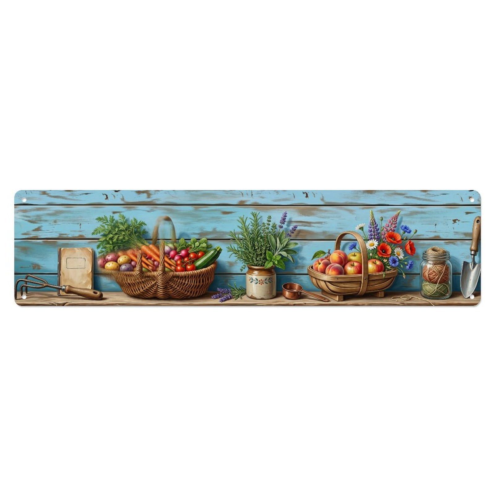 Fqnyr Style Metal Tin Sign Garden Tools Vintage Wicker Trug Harvest Pattern