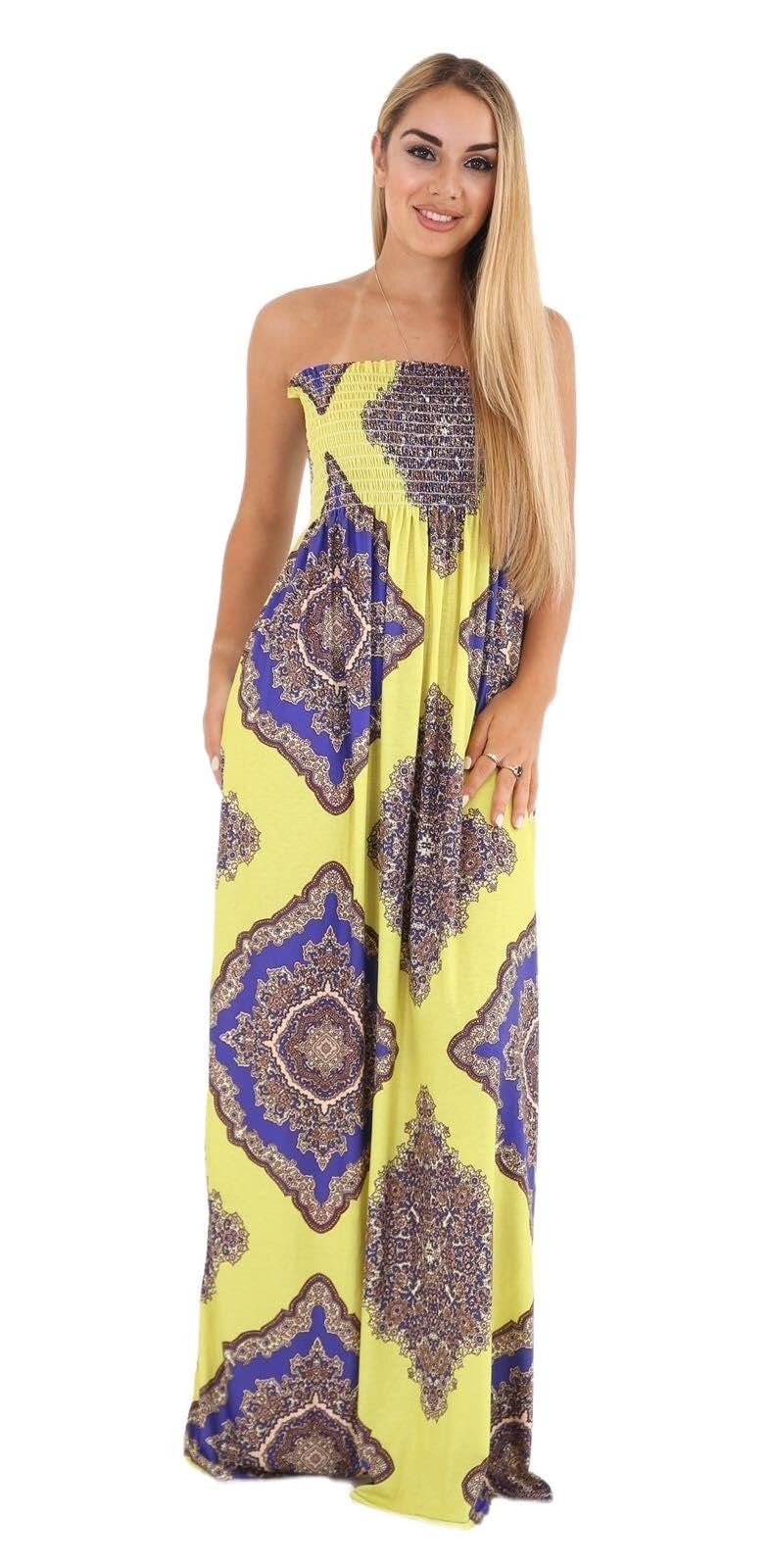 Girlzwalk Women's Yellow Paisley Strapless Maxi Dress Sheering Boob Tube Bandeau Printed Long Dress (, Xxxl 24-26)