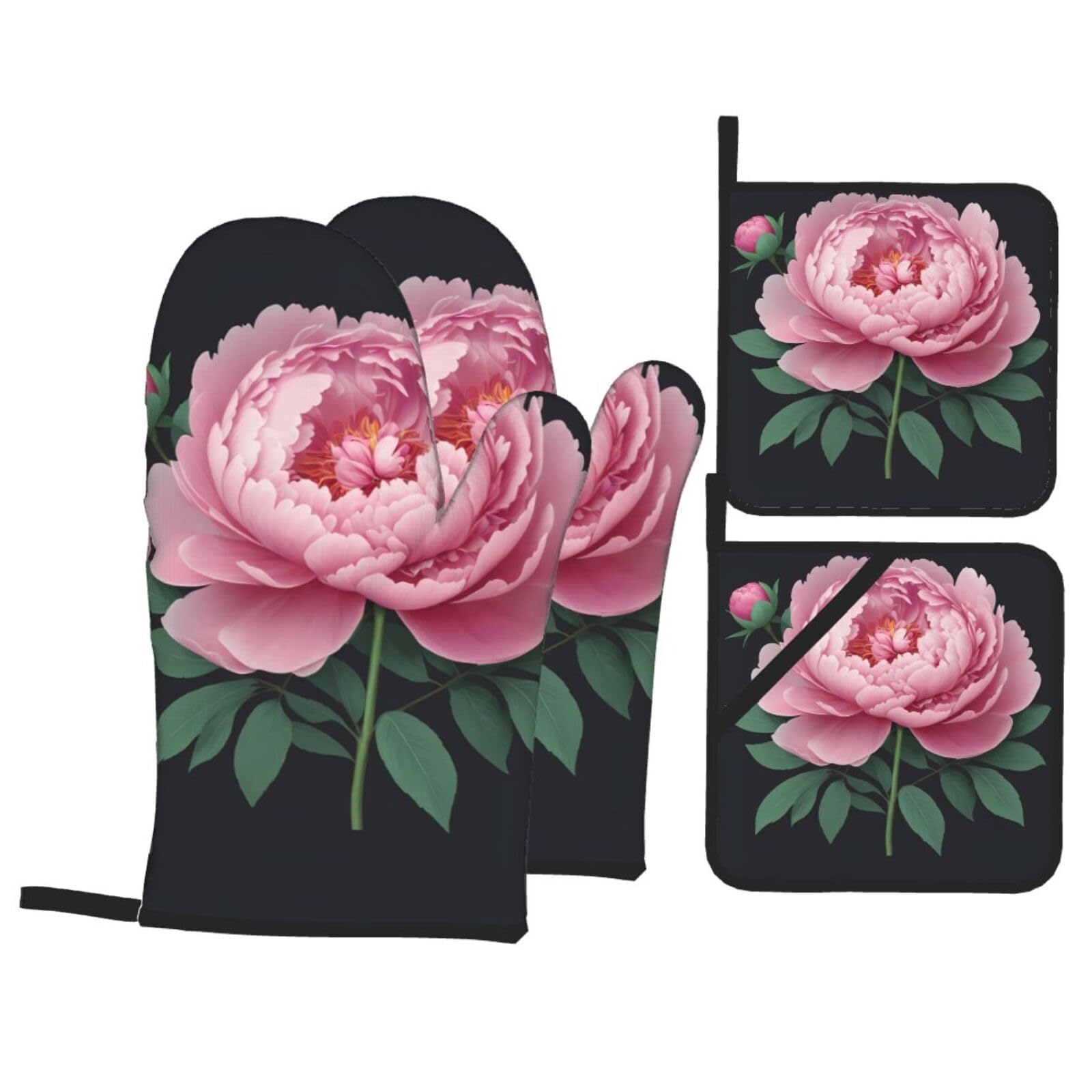 HJFCZH Peony Rose Picture Kitchen Baking Set of 4 Thick Insulated Oven Mitt & Pot Holders, Anti-Scalding for Microwave, Oven, Outdoor BBQ