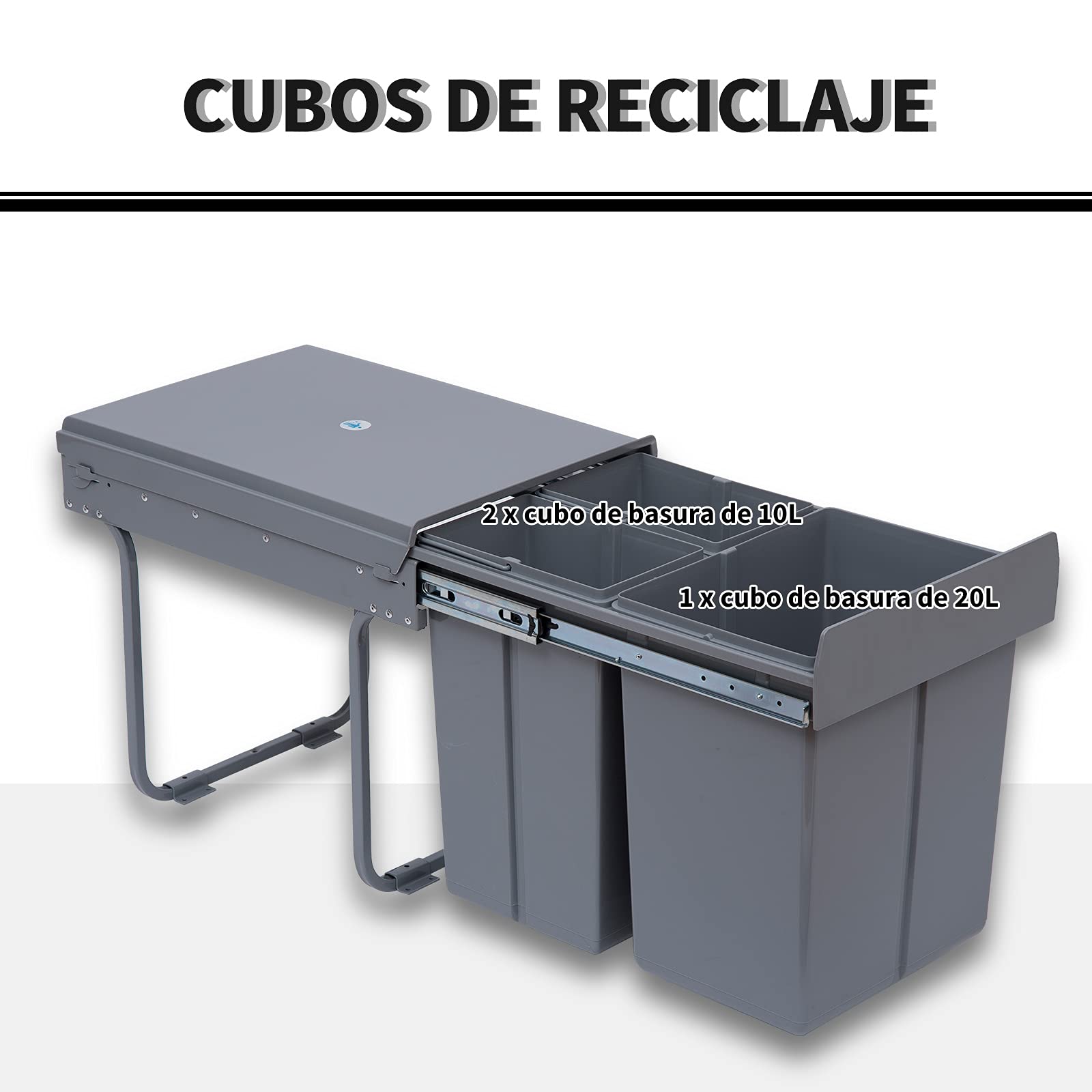 HOMCOM Cubo de Basura Cocina bajo Fregadero Papelera de Cocina 3 Contenedores de Reciclaje 1x20L y 2x10L Clasificación de Residuos Metal y Plástico 48x34,2x41,8 cm Gris