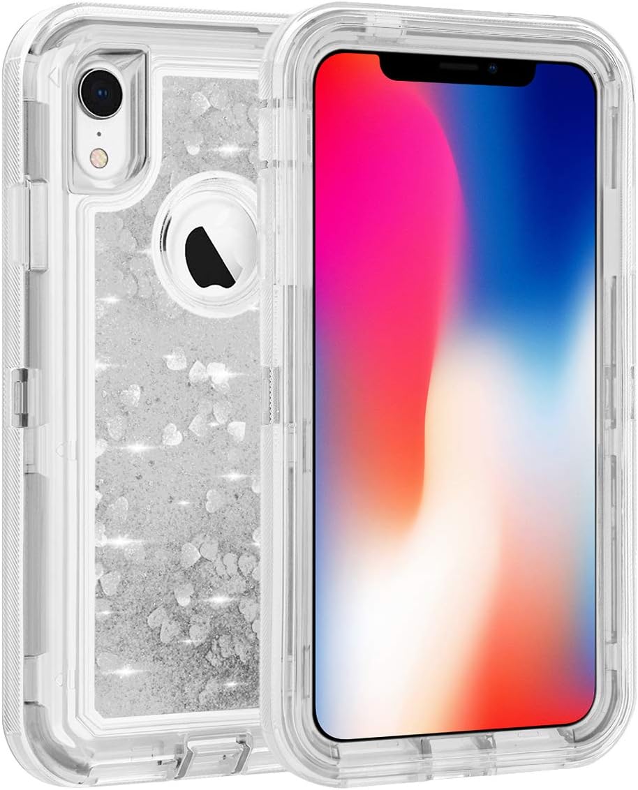 MAXCURY Glitter iPhone XR Case, Cute Sparkle 3D Glitter Liquid Quicksand Heavy Duty Shockproof Full Body Protector Case Cover for iPhone XR 6.1 inch (Silver)