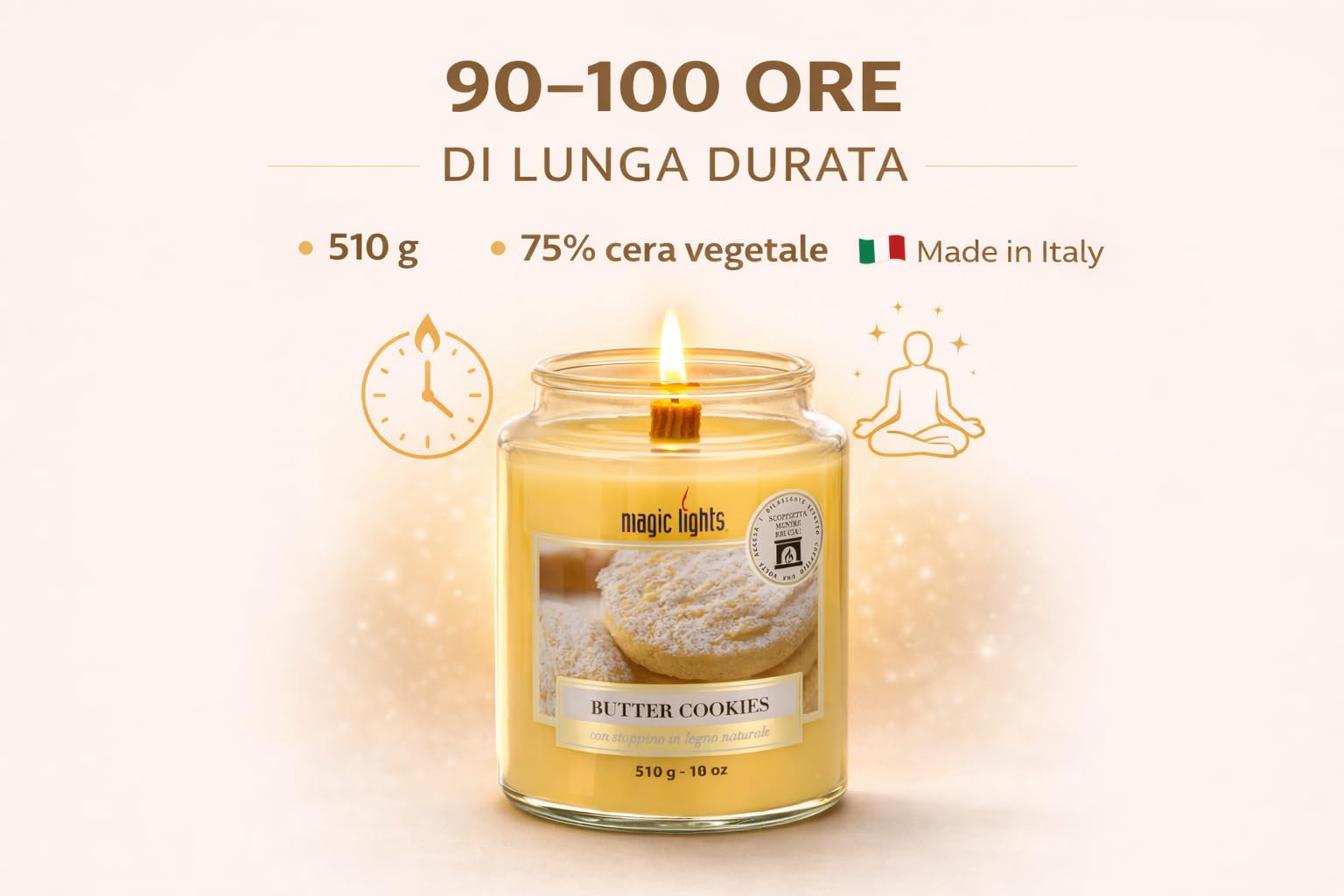Świeca do słoika 510 gr waniliowy Butter Cockies z naturalnym drewnem, Made in Italy