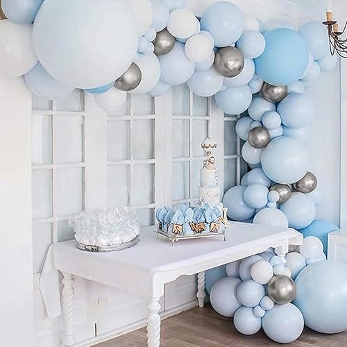 Miniatura 7 de Kit de guirnalda de globos azul bebé, 114 piezas de arco de globos azul macarrón plateado con globo azul claro mate, azul cielo y blanco, para