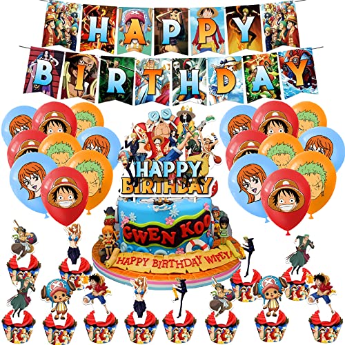 One Piece Decoration Anniversaire, WKxinxuan One Piece Décoration Anniversaire,32One Piece Deco Anniversaire Inclure Banderole Joyeux Anniversaire, Ballon,Cake Topper,Décorer Anniversaire Enfants Cover